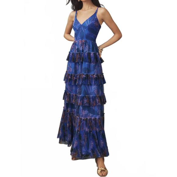 NEW HUTCH women's freya v neck tiered ruffle gown in dark blue